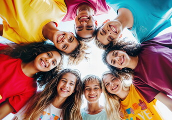 group of diverse teenagers smiling and looking down at the camera in a circle formation.