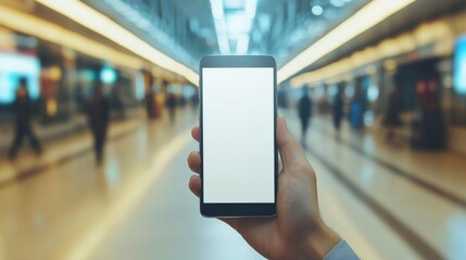 Hand Holding Smartphone in Busy Modern Airport Terminal with Blurred Background