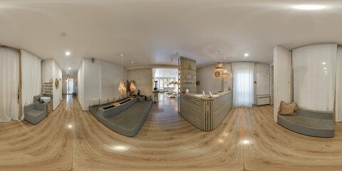 360 hdri panorama in loft reception in cafe with corridor in full seamless spherical...