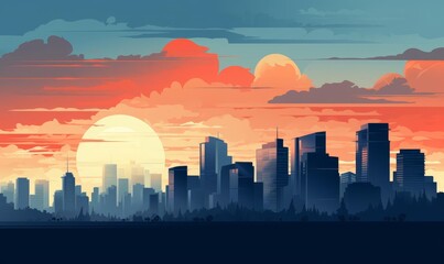 monotone cityscape flat design side view, urban silhouette, animation, Triadic Color Scheme