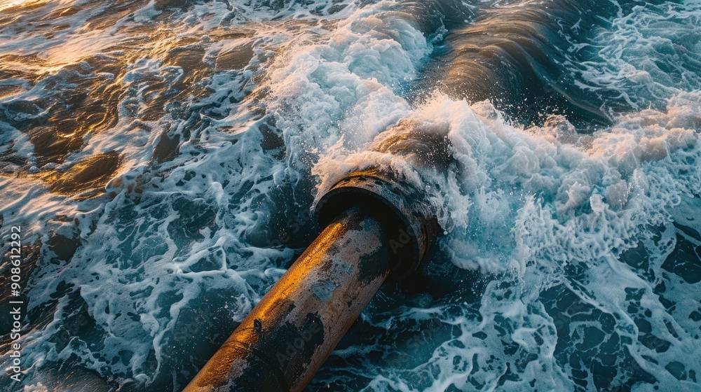 Poster a pipe is in the ocean and the water is crashing around it. concept of danger and unpredictability, 