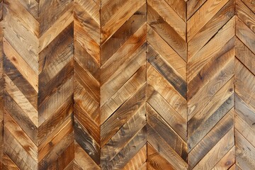 A wooden floor with a chevron pattern. The chevron pattern is made up of many wooden planks, creating a unique and interesting design. The floor appears to be made of wood, which gives it a warm