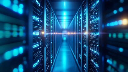 Obraz premium A futuristic data center corridor, illuminated by bright blue lights, showcasing rows of sleek servers and advanced technology.