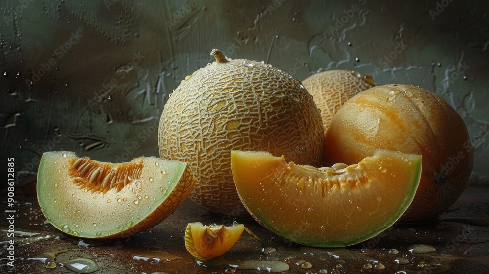 Poster a close up of a melon with a slice missing