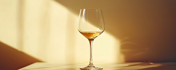 An elegant empty wineglass sparkling in the sunlight, casting intricate shadows on a light surface