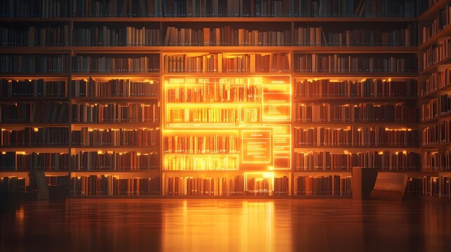 A library bookshelf morphing into a digital interface, virtual learning concept, warm lighting evoking a cozy atmosphere, intellectual sanctuary, harmonious blend, image use