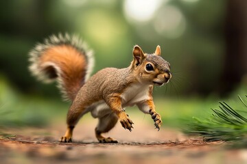 Obraz premium A lively squirrel running through a forest, showcasing nature's beauty and the playful spirit of wildlife.
