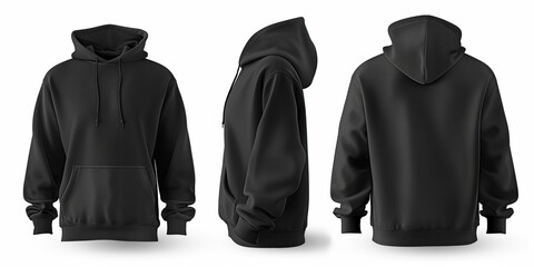 Black hoodie sweatshirt for design mockup print isolated on white background. Hoodie has long sleeve with clipping path. Perfect template for fashion apparel, casual clothes, and sportswear.