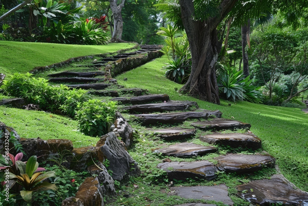 Poster a stone path with a tree in the background. the path is lined with grass and plants