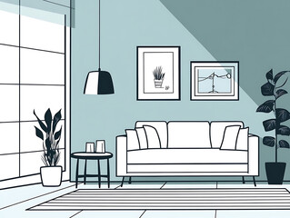 A minimalist illustration of a modern living room clean lines and simple design create a stylish and contemporary aesthetic