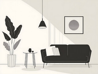 A minimalist illustration of a modern living room clean lines and simple design create a stylish and contemporary aesthetic