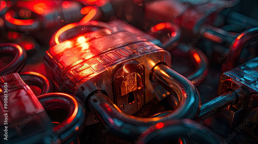 Poster a close up of a bunch of locks with one of them having a red light on it. the locks are all differen