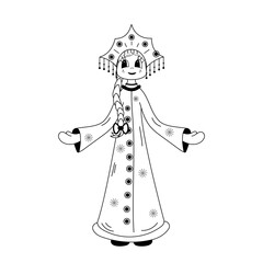 Snow Maiden line art. Traditional Russian Darling Snegurochka. Vector illustration. Outline for coloring book. Christmas and New Year character.