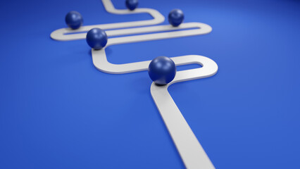 A white ball on a process path with curves. Abstract illustration of transformation process and business consulting