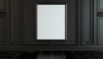 Photo frame on black wall and floor background 3D rendering
