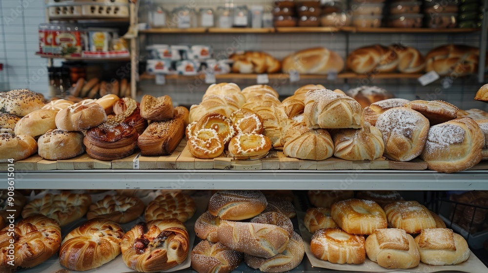 Poster a bakery display case with a variety of breads and pastries. scene is inviting and delicious