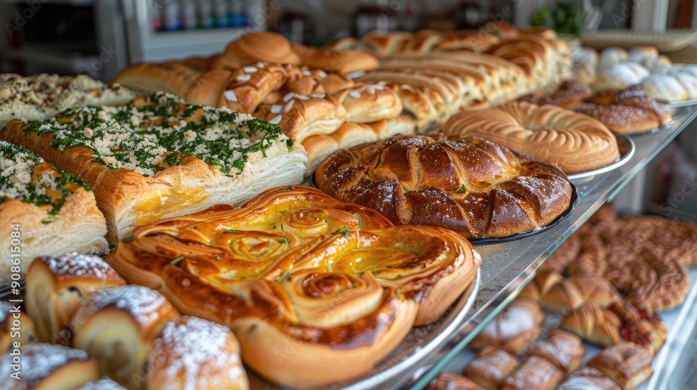 Poster a display of pastries and breads with a variety of shapes and sizes. concept of abundance and variet