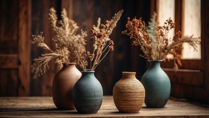 Three vases with dried flowers on a wooden background Toned Boho interior.