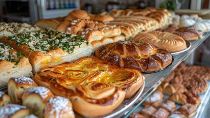 A display of pastries and breads with a variety of shapes and sizes. Concept of abundance and variety, with many different types of baked goods available for purchase
