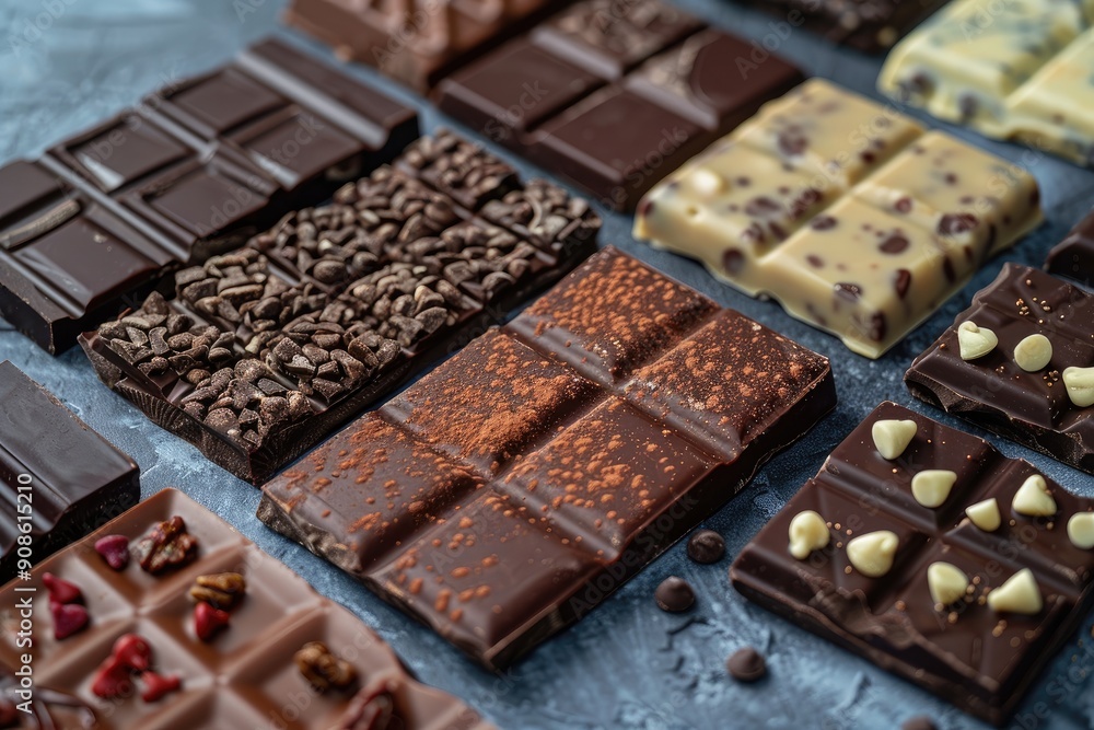 Poster a variety of chocolate bars are displayed on a counter, including some with nuts and others with whi