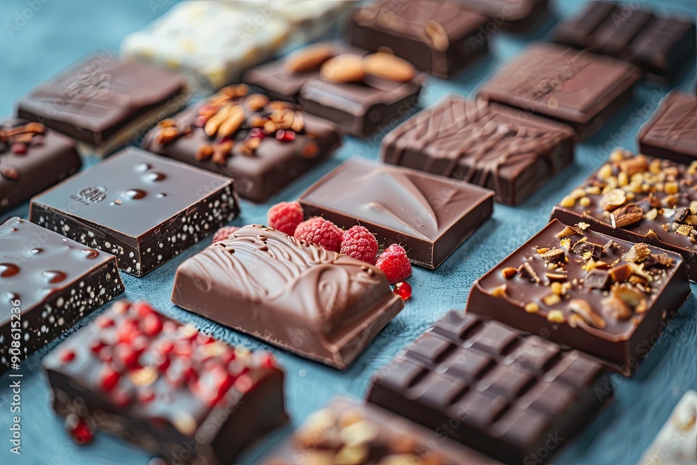 Poster a row of assorted chocolates with raspberries on top. the chocolates are of different shapes and siz
