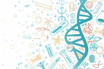 A double helix DNA strand is surrounded by medical icons such as microscopes, test tubes, and stethoscopes, illustrating the connection between genetics and healthcare. Generative AI