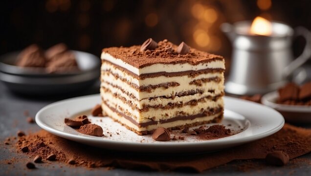 Piece of a delicious tiramisu cake with cacao powder on a white plate on the table with space for copy.