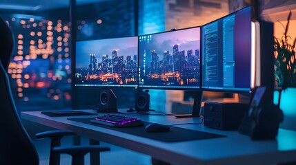 Fototapeta premium A tech-savvy workspace with multiple screens for streaming and content creation, modern work environment, digital nomad setup, sleek design, futuristic workspace, image use