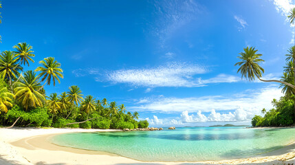 Obraz premium A stunning image of a tropical beach with white sand, swaying palm trees, and crystal-clear turquoise water, capturing the essence of paradise. 2