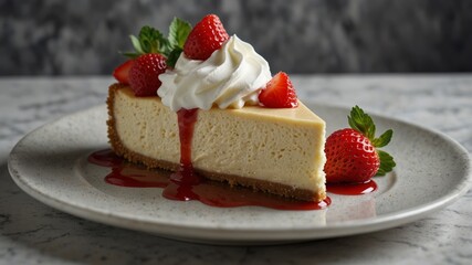 a creamy cheesecake on a marble ceramic plate