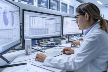 Woman in a White Lab Coat Working at a Computer in a Modern Office