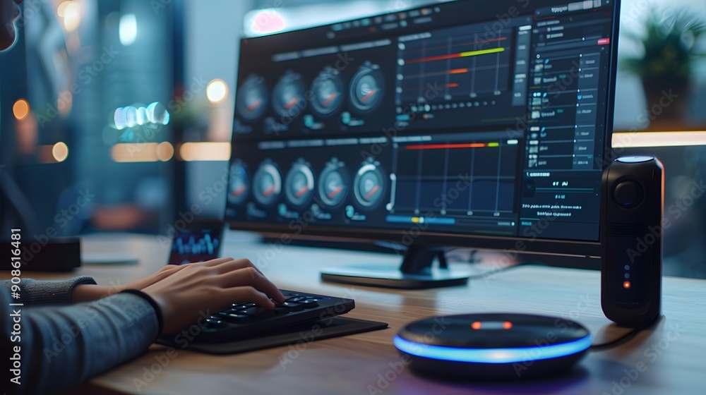 Poster person working on data analysis and charts on a computer