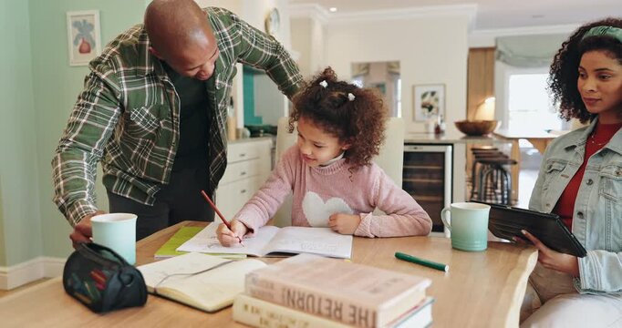 Black man, daughter and homework in house, helping and mom with tablet for remote work and online. Kitchen, father and happy to check on child, coffee and writing of girl with classwork and family