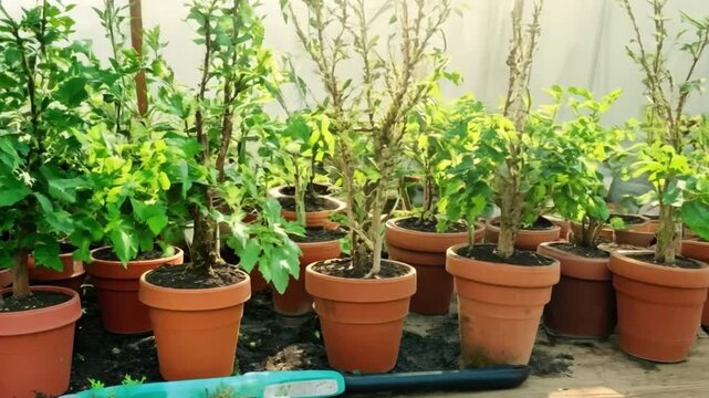 Reforestation set of young trees trunks in pots, afforestation set of green plants in flowerpots, gardening and botany concept