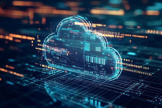Digital cloud technology representation with futuristic data flow and neon effects, symbolizing innovation and connectivity.