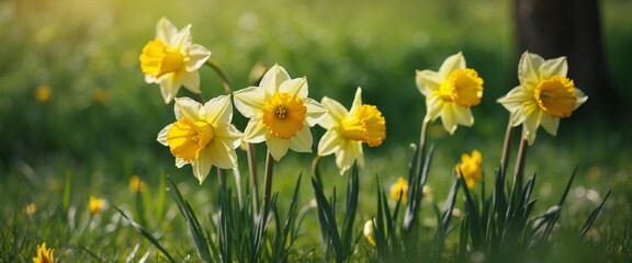 Three flower daffodils in spring outdoors in grass in the sun close-up on green blurred background A beautiful spring template for design.