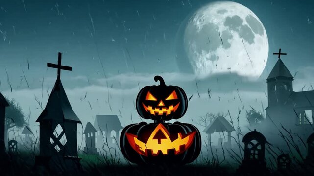Pumpkin zombie Rising Out Of A Graveyard cemetery and church In Spooky scary dark Night full moon bats on tree