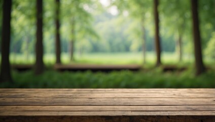 Wooden board empty table with green forest in the background Product display montages.