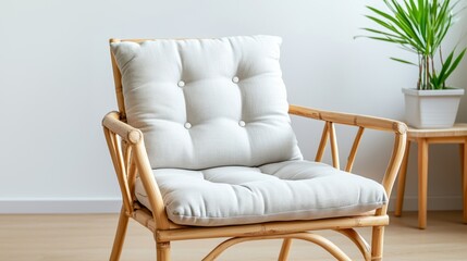 Fototapeta premium Cozy white cushioned bamboo chair in modern interior, next to houseplant on wooden table with minimal decor