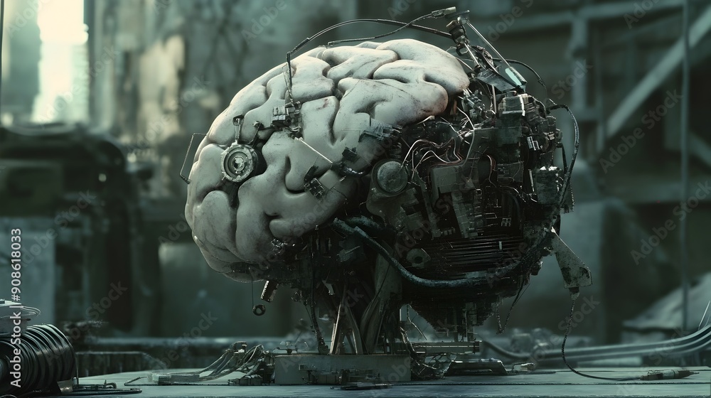 Poster an intricate and captivating visualization of a mechanical brain intertwined with organic and synthe