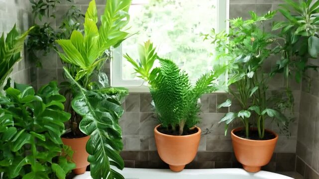 Houseplants in flowerpots adorn the bathroom with a bathtub against the wall.