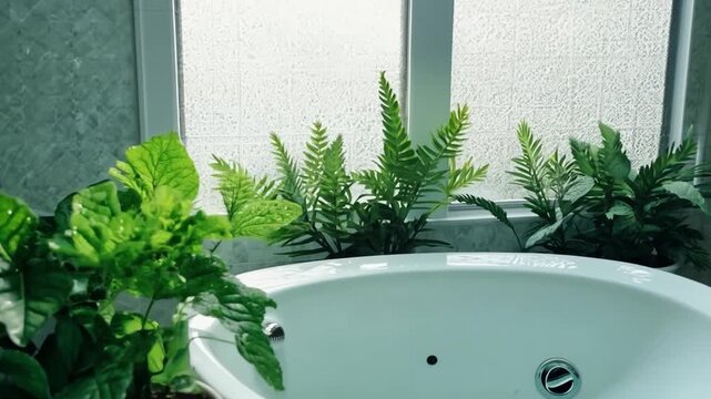 Houseplants in flowerpots adorn the bathroom with a bathtub against the wall.