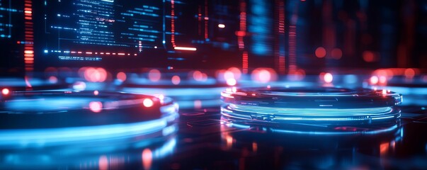 Fototapeta premium Futuristic digital landscape with glowing blue and red circles, representing technology, innovation, and modern design.