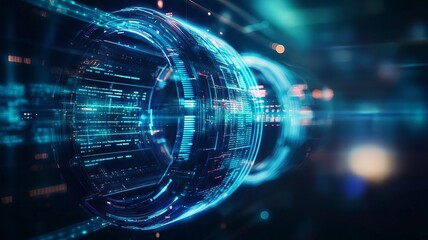 Obraz premium Futuristic digital technology abstract showcasing glowing circuits and data flow in a 3D design for advanced innovation.