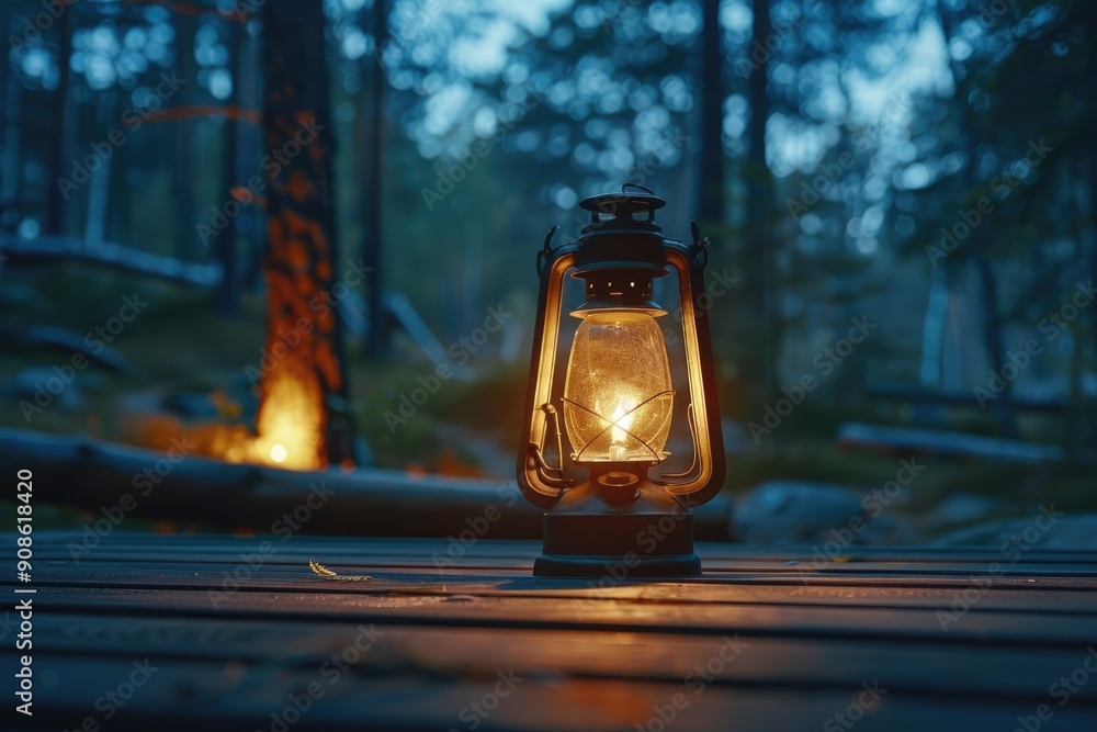 Poster a lantern is lit on a wooden table in a forest. the lantern is the only source of light in the scene