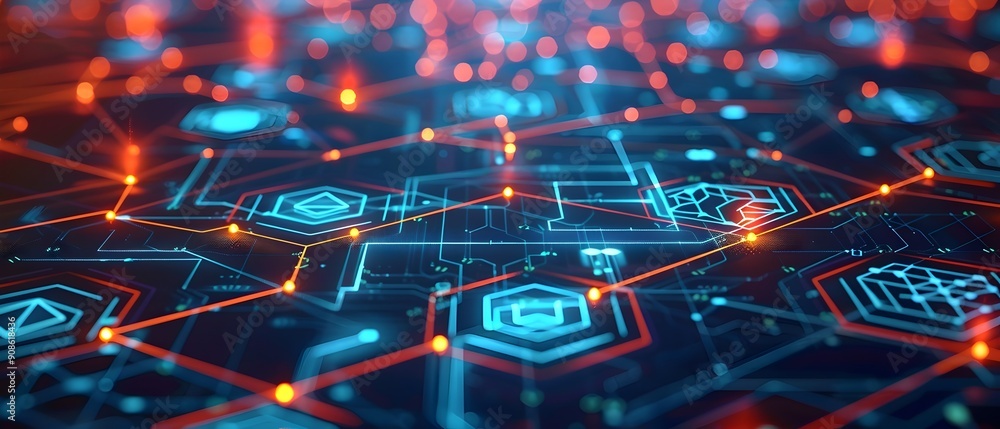 Poster Digital blockchain interface with futuristic network of interconnected icons representing the new economic framework of cryptocurrency fintech and intelligence