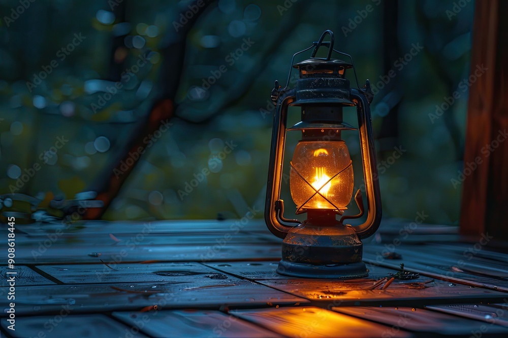 Poster a lantern is lit in a dark forest. the lantern is the only source of light in the scene