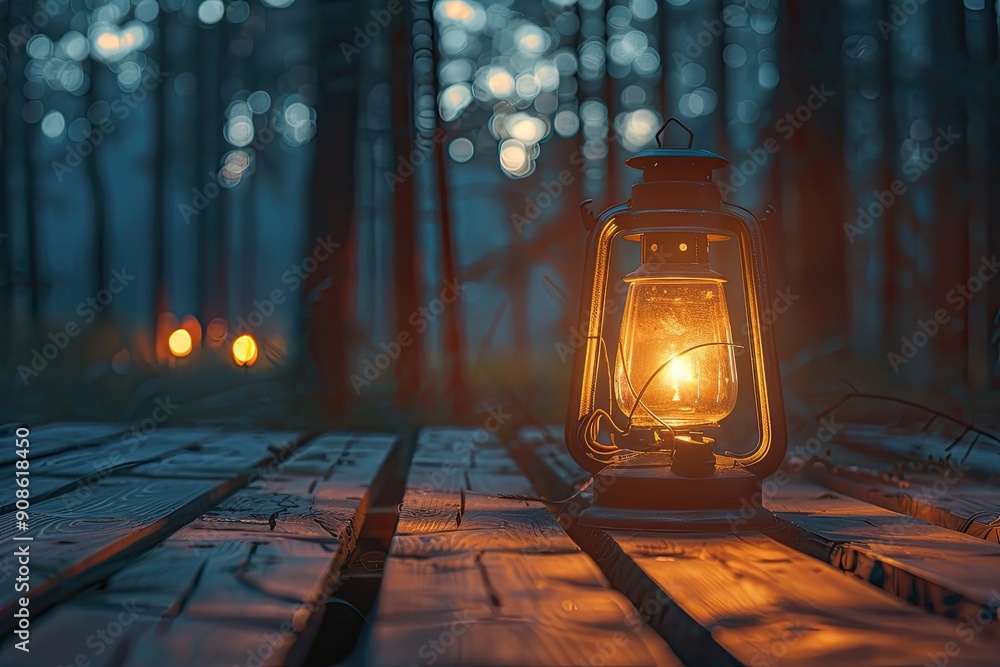 Poster a lantern is lit in a forest setting. the lantern is the only light source in the scene