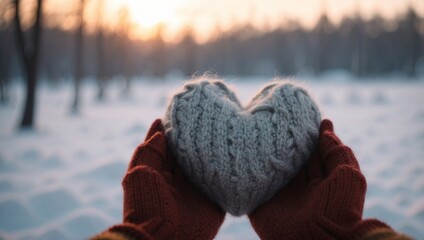 Hands in gloves holding heart shape knitted object on a blurred winter landscape background with trees.