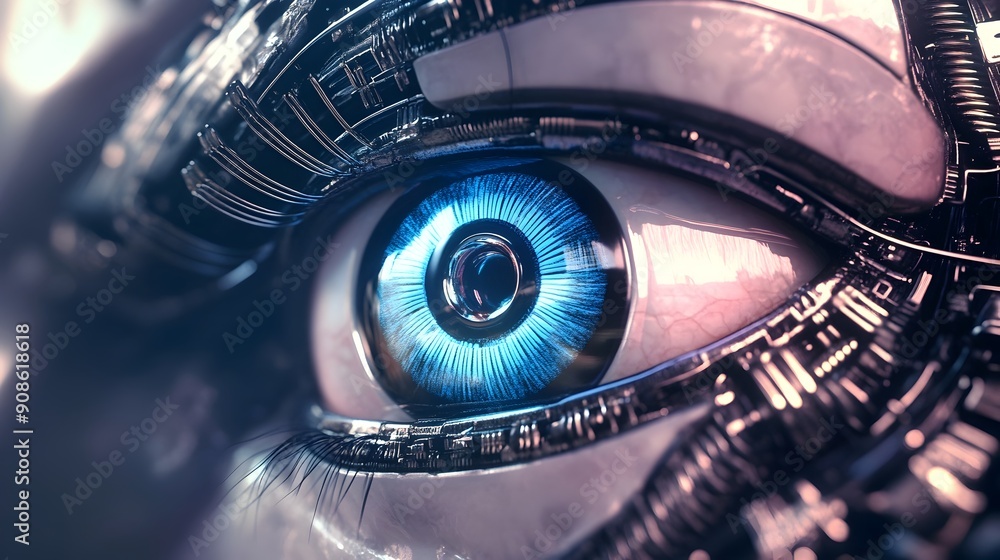 Poster futuristic mechanical eye with organic and synthetic elements set against a surreal ethereal backdro